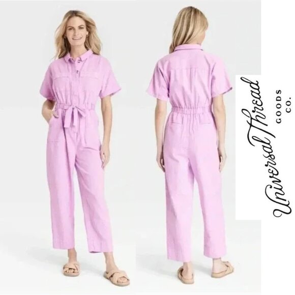 Universal Thread | Women's Short Sleeve Button-Front jumpsuit, Pink, Size 2 - Picture 1 of 5